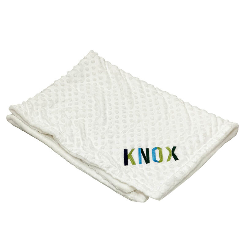 minky blanket with colorful embroidered name