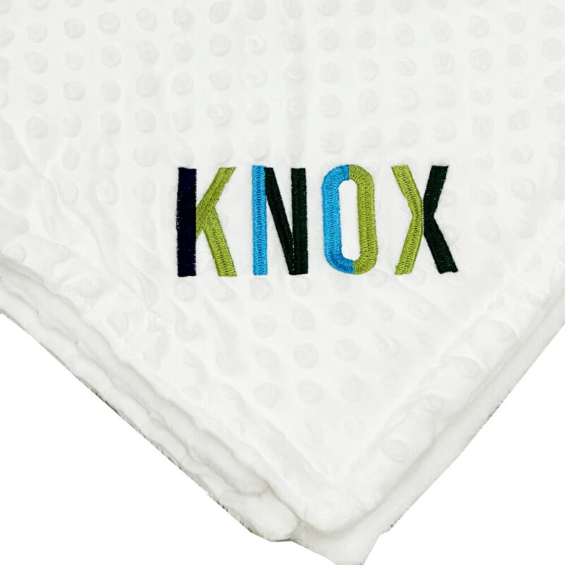 Minky blanket with colorful embroidered name